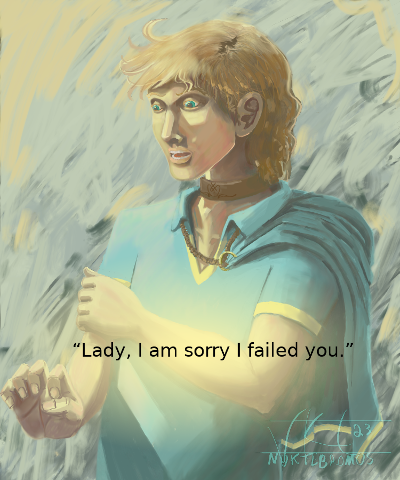 Image of Mattin Brenson from The Bargain. White skinned human with short blond hair and blue eyes. He's wearing a leather collar and a light blue shirt with yellow accents. He stares off to the left with wide, hooded eyes, one arm held across his chest, the other hand held out as if rejecting or pushing away something. Text: “Lady, I am sorry I failed you.”