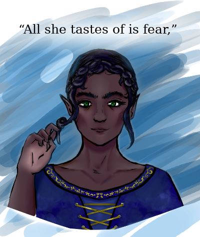 Image of Countess Jahlene n'Erida from The Bargain. Brown skinned fae with black hair in updo and green eyes. She's wearing a wide necked blue dress with gold decorations. She stares directly at the viewer while playing with a loose lock of hair. Text: “All she tastes of is fear.”