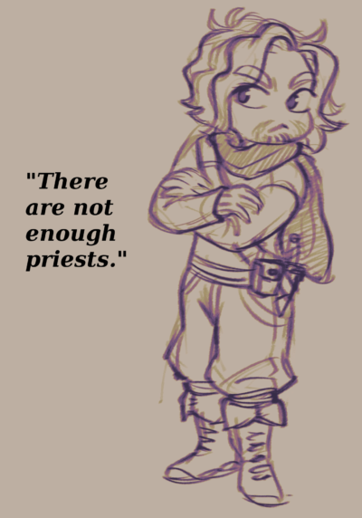 Sketch of Iberto from A Smear of Blood: a scruffy man dressed like a D&D ranger/rogue. Text: There are not enough priests.