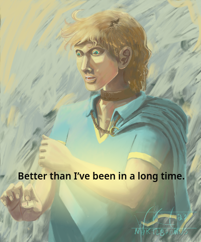 Image of Mattin Brenson from The Bargain. White skinned human with short blond hair and blue eyes. He's wearing a leather collar and a light blue shirt with yellow accents. He stares off to the left with wide, hooded eyes, one arm held across his chest, the other hand held out as if rejecting or pushing away something. Text: Better than I've been in a long time.