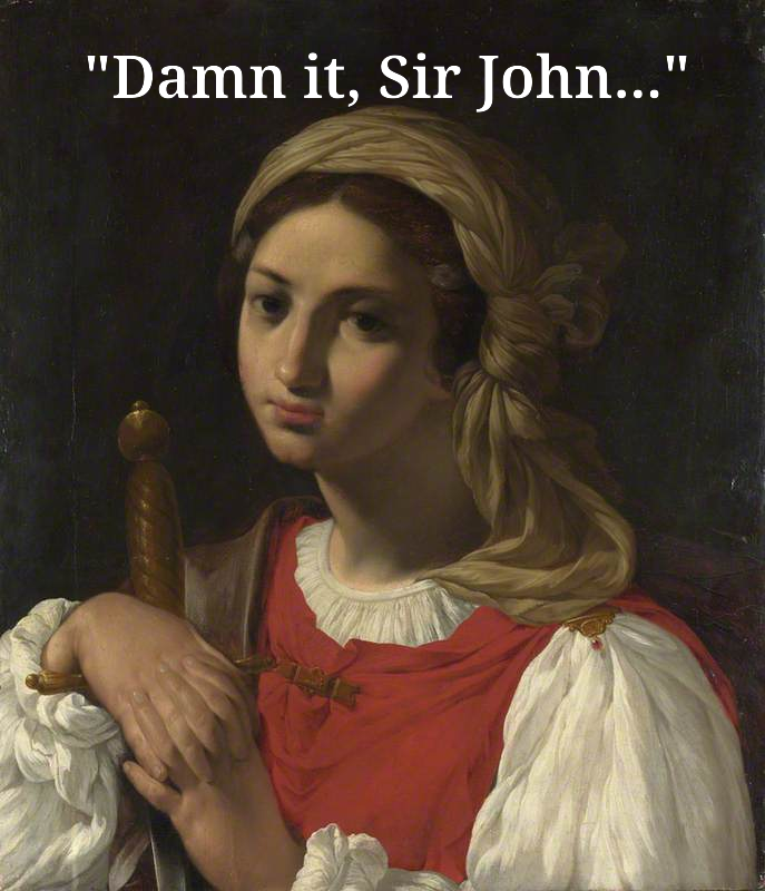 19th century portrait of a woman, hand resting on the hilt of a sword. Representing Helen from Cost of His Silence. Text: Damn it, Sir John...