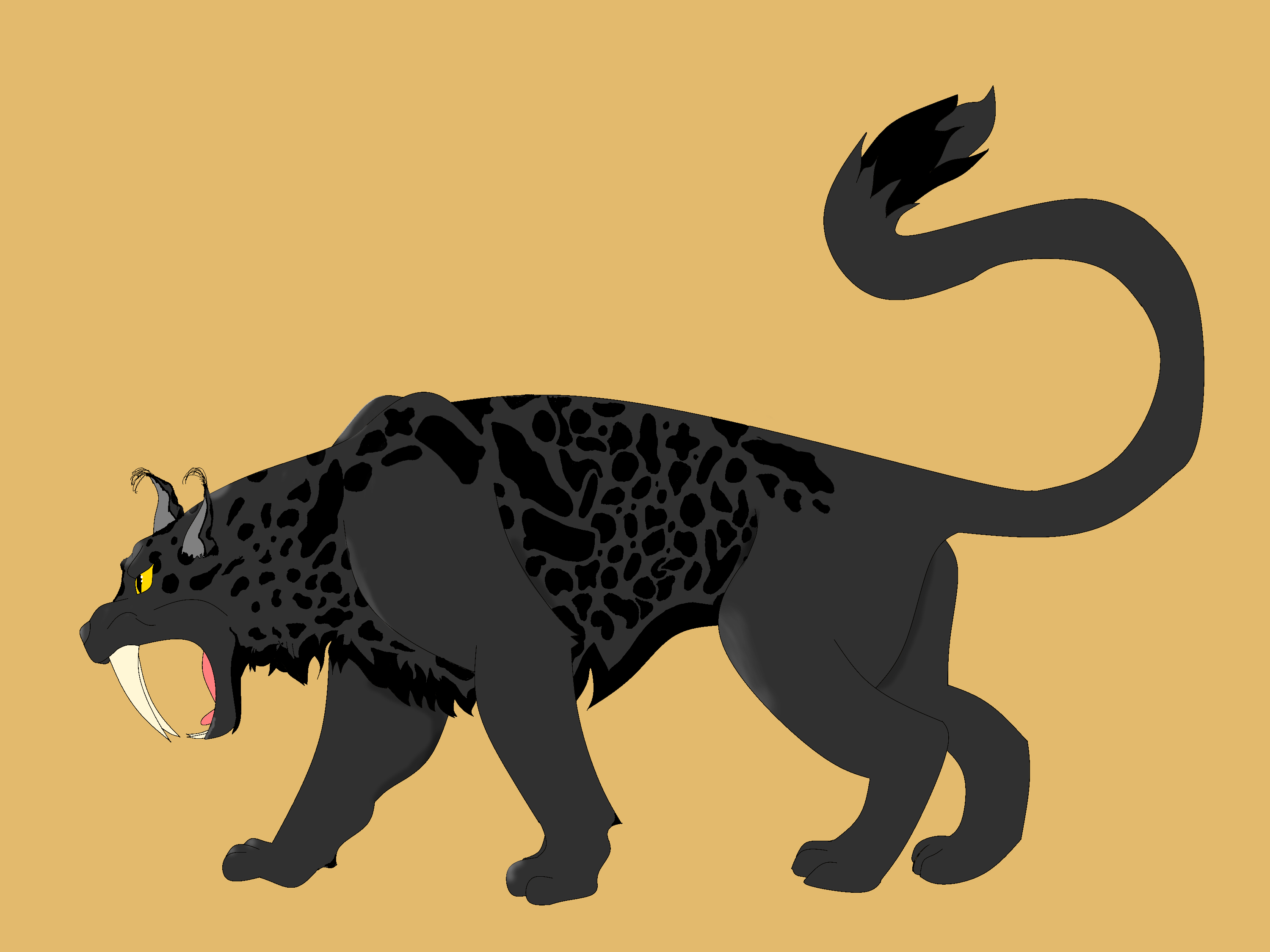 Cover image for webserial "A Smear of Blood." The Great Goddess in cat-form, a fantasy version of a sabertoothed cat, dark grey with black markings, tufted ears and tail. Standing in front of off yellow background.