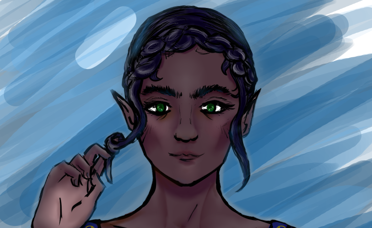 Jahlene from The Bargain, bust. A fae woman with dark brown skin, straight black hair braided into a crown, and green eyes. She is playing with a lock of hair that came free of the braid.
