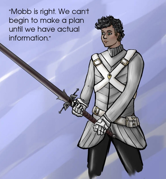Pic of Quickmoon from Mighty Hero Force Epsilon: Androgynous person with light brown skin, dark coiled hair, and green eyes in 'uniform' based on modified HEMA protective gear (long padded shirt, gauntlets, etc) holding great sword/spadone in a low guard position.) Also wears x-shaped white harness with small golden shield in the center and white belt.
Text: "Mobb is right. We can't begin to make a plan until we have actual information."